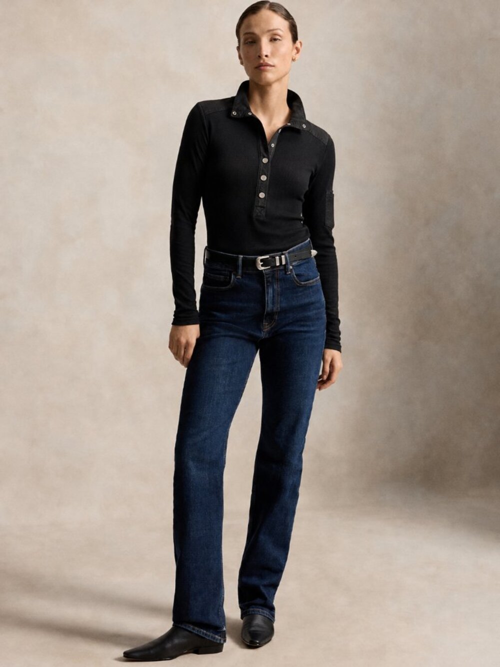 Lauren Ralph Lauren Henley Ribbed Cotton Quarter Snap Pullover Black M